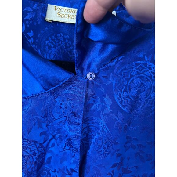 Vintage 90s Victoria's Secret Gold Label Blue Satin Floral Sleep Shirt Medium - Picture 4 of 8